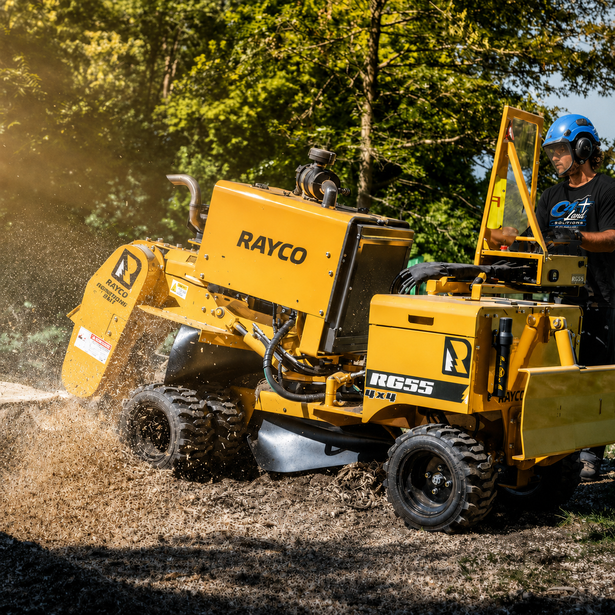 C4 Land Solutions operator running Rayco RG55 stump grinder